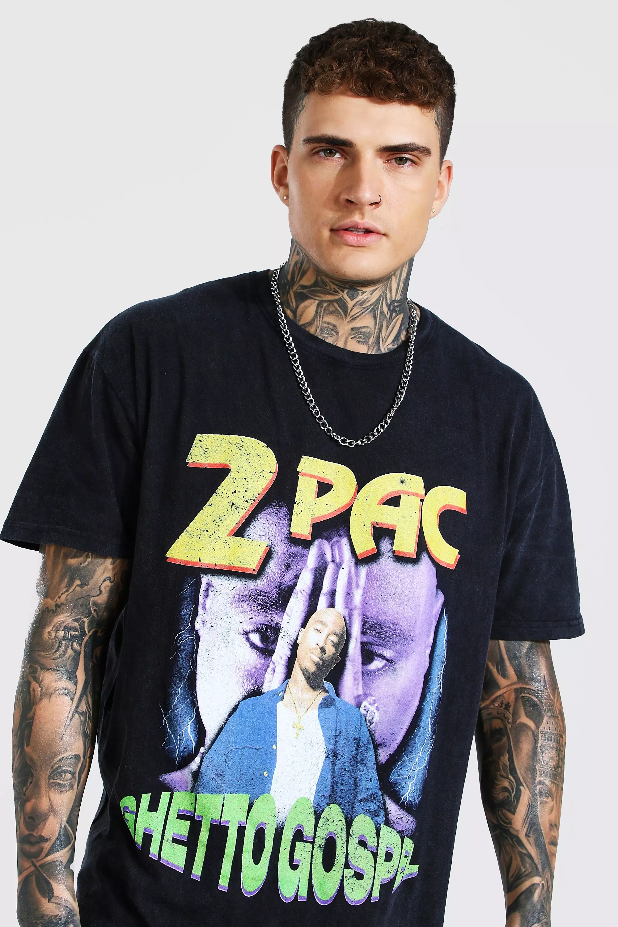 Oversized Tupac Acid Wash License T-Shirt | boohooMAN USA
